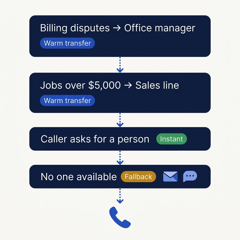 Escalation rules: billing disputes warm-transfer to the office manager, jobs over $5,000 warm-transfer to the sales line, a caller asking for a person is honored instantly, and if no one is available Piper takes a detailed message, texts the caller, and flags the thread