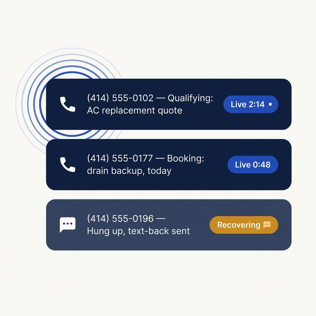 Live call panel: two calls in progress — one qualifying an AC replacement quote, one booking a same-day drain backup — and a third caller who hung up being recovered by text-back